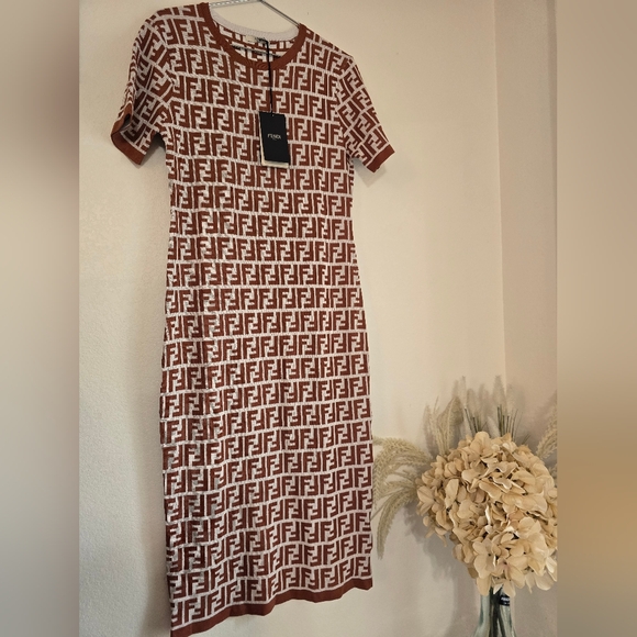 Fendi Brown FF Monogram Midi Dress 100% Authentic Made in Italy Size L - Picture 8 of 10